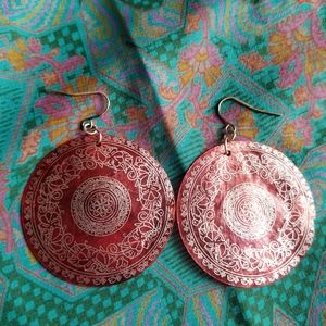 Red earrings capiz shell large red pierced boho bohemian style seashell